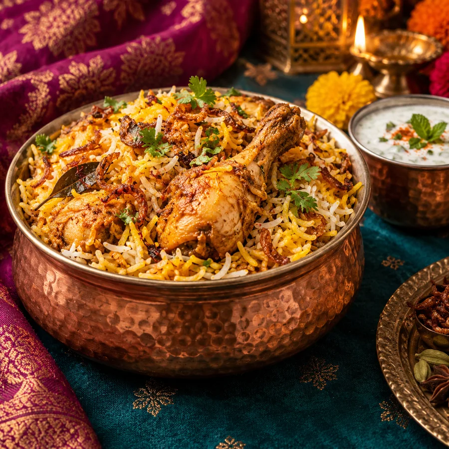 Illustrative chicken biryani in a copper bowl