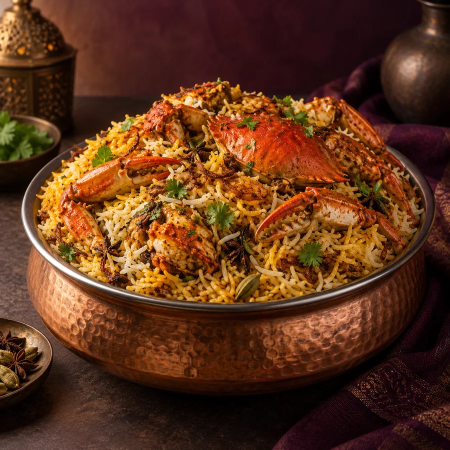 Illustrative crab biryani in a copper bowl